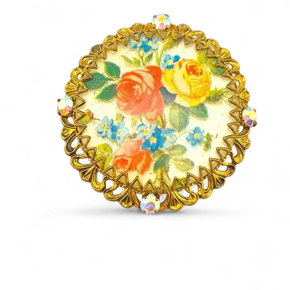 Vintage Germany Gold Tone AB Rhinestone Multi-Color Flower Brooch Pin
